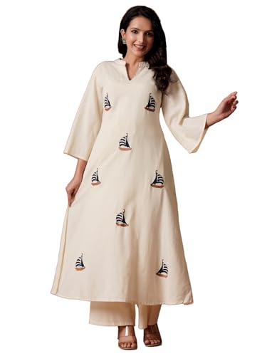 Image of INDO ERA Women's's Pure Cotton Embroidered Kurta Women | Floral Neck & Hem Embroidery | Cotton Kurta Women |