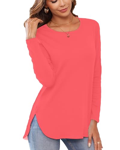 Image of Herou Women's Casual Long /Short Sleeve T Shirt Crewneck with Side Split Fall Pullover Loose Tunic Sweater Tops
