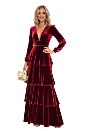 Long Sleeve Velvet Bridesmaid Dresses 2025 Tiered V Neck Corset Formal Dress Long Evening Party Gowns