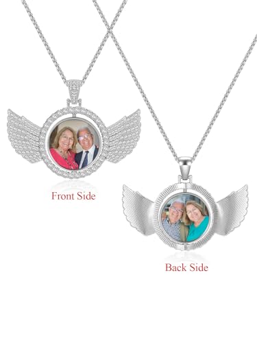 Zysta Customized Double Side Picture Necklace Personalized Photo Crystal Angel Wings Medallion Pendant Customized Photo Rotating Necklace Hip Hop Jewelry for Men Women2