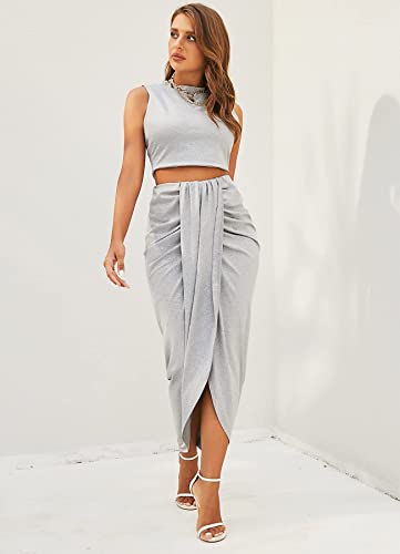 Image of ZAFUL Women's Casual Sleeveless Summer Two Piece Outfits Crop Top and Side Split Draped Ruched Maxi Skirt Set Solid Suiting