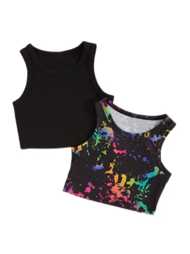 Milumia Girl's 2 Pack Ink Splatter Print Knit Round Neck Casual Crop Tank Top