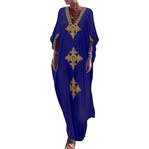 Bsubseach Gold Embroidery Long Kaftan Dresses V Neck Caftan Dress Beach Cover Ups for Women Embroidery W-navy Blue
