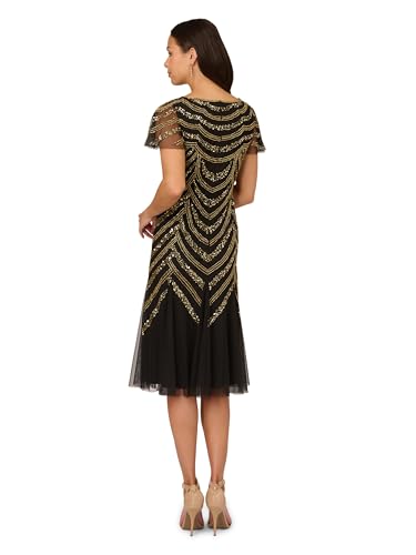 Image of Adrianna Papell Women's Floral Beaded Knee Length Dress with Sheer Neckline