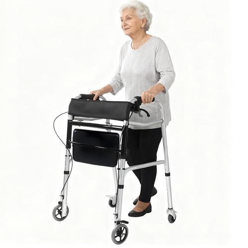 Image of Pacha-steupra Lightweight Walkers for Seniors, Height Adjustable Standard Walker, Foldable Rolling Adult Walker, Medical Walking Mobility Aid with Wheels, Padded Seat, Supports 440 lbs