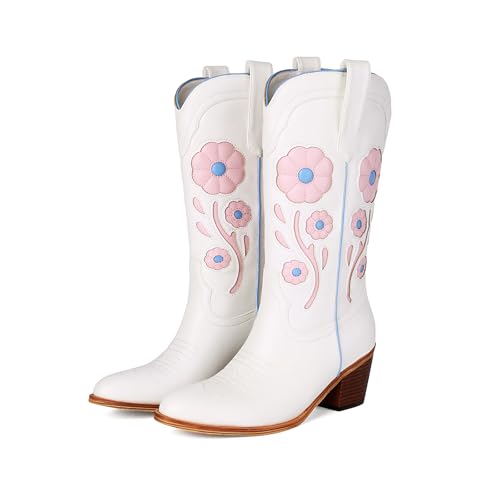 Image of Womens Floral Cowboy Boots,Cute Mid Calf Flower Cowgirl Western Country Boot Pointed Toe Chunky Heel Shoes for Women.