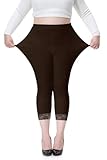 Plus Size Capris Leggings for Women，Lace Trim Stretch Crop Leggings Workout Casual Tights Pants Brown