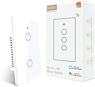 MOES 2.4GHz WiFi Wall Touch Smart Switch Neutral Wire Required, 3 Way Multi-Control, Glass Panel Light Switch Work with Smart Life/Tuya App, RF433 Remote Control, Alexa and Google Home White 2 Gang