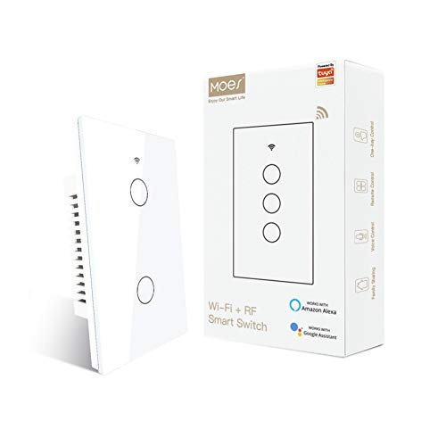 MOES 2.4GHz WiFi Wall Touch Smart Switch Neutral Wire Required, 3 Way Multi-Control, Glass Panel Light Switch Work with Smart Life/Tuya App, RF433 Remote Control, Alexa and Google Home White