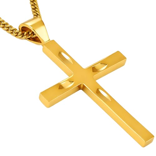 LIFETIME JEWELRY 24k Real Gold Plated Cross Necklace for Women & Men - Four Diamond Cuts Cross Pendant with Chain - Lifetime Replacement