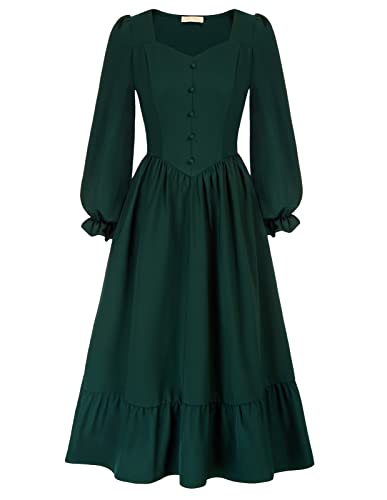 Belle Poque Frauen-Weinlese-Kleid-Langer Ärmel-Knopf-Dekorations-Kleid für Hochzeit-1-Dunkelgrün-M