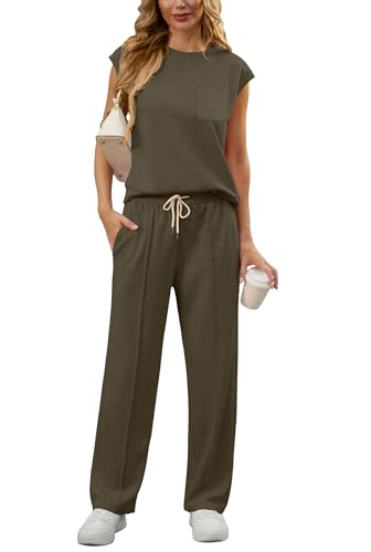 GRECERELLE Two Piece Outfits Women Summer Short Sleeve Tracksuit Womens Full Set Lounge Wear Sets for Women Casual Crew Neck Cap Sleeve Tops and Jogging Bottoms with Pockets(Army Green, M) - Image 7