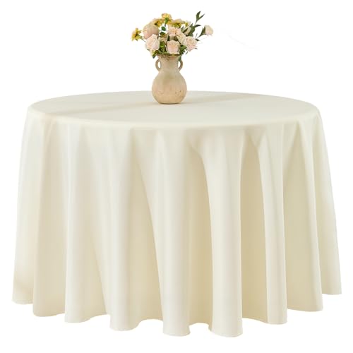 VidaFete 1 Pack Tablecloth 132inch Round Table Cloth Polyester, Stain Wrinkle Resistant Polyester Dining Table Cover for Kitchen Dinning Party Wedding Round Tabletop Buffet Decoration(Ivory)