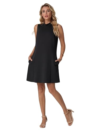 Image of HiMONE Womens Mock Neck Mini Dress Sleeveless A Line Swing with Pockets