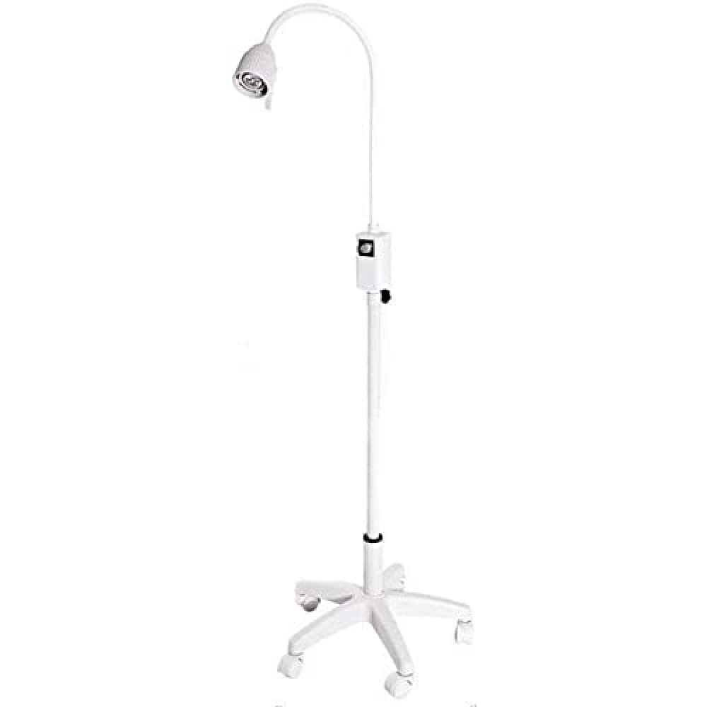 QUIRUMED Lámpara de examen LED con base rodable, Lámpara cirugía menor, Brazo flexible, Multiposicionable, Blanca, Regulable en altura, Intensidad graduable, Bombilla LED 3W