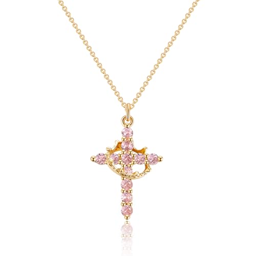 Robaice Birthstone Crown Cross Necklace for Women, Gold-Plated Christian Faith Necklace, Cross Jewelry Gift for Her, October Pink Tourmaline Gift