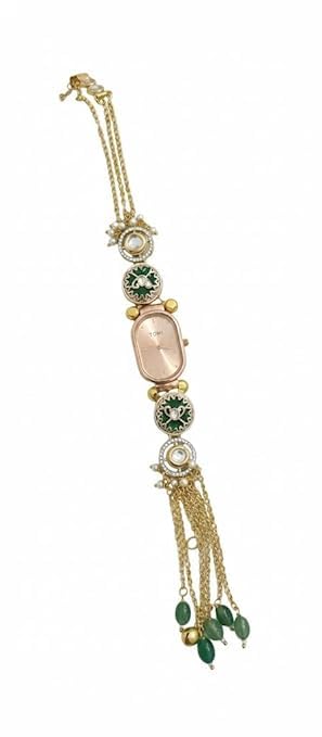 Ethnic Kundan Jewelry Watch Bracelet/Choker Design, Gold-Plated Chain, Green & White Stones, Elegant Women’s Timepiece