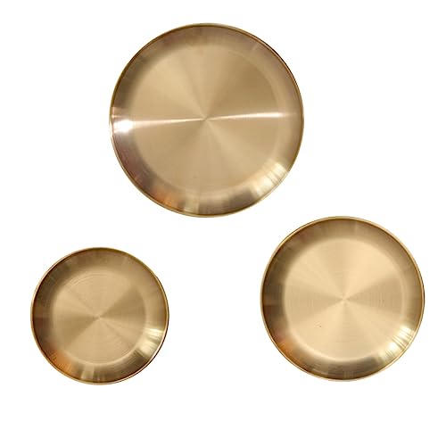 Bandeja de almacenamiento redonda de 3 piezas, plato de anillo dorado, plato de joyería de oro, bandejas de almacenamiento de adornos, bandeja de acero inoxidable para joyería vintage, bandeja de