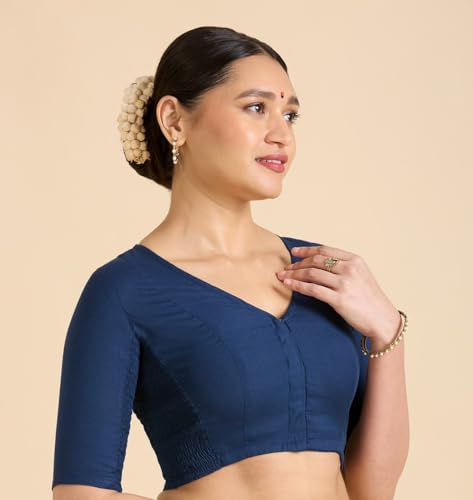 Image of Studio Shringaar Women's Thick Handloom Cotton Plain Side Stretch (Smocked) Readymade Saree Blouse