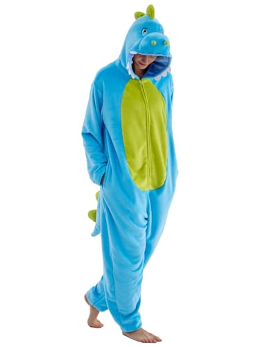 JUOLOET Unisex Adult Onesie Pajamas Dinosaur Animal One Piece Snug Fit Halloween Costume Sleepwear Homewear（Blue Dinosaur,X-Large）