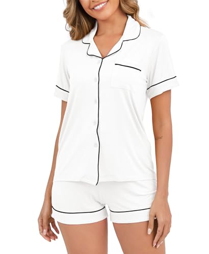 Image of Womens Pajamas Set Short Sleeve Sleepwear Button Down Pjs Shorts Set Soft Pjs Lounge Set With Pockets