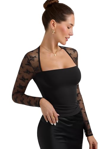 PINKMSTYLE Women Sexy Square Neck Lace Long Sleeve Tops Slim Fit Double Lined Trendy Y2K Going Out Fall Shirts4