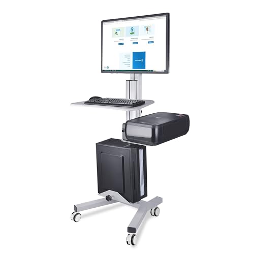AW Medical Mobile Computer Cart Rolling PC Stand Desk Workstation on Wheels with Monitor Mount Adjustable Keyboard Tray CPU Printer Holder for Hospital Clinic School Office Silver