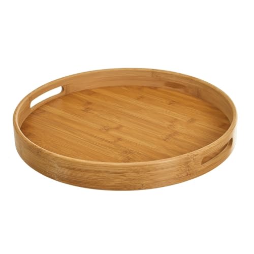 LOLAhome   Bandeja redonda con asas de bambú natural de 40 cm. Práctica y multifuncional para servir desayunos o decorar la mesa del comedor con un estilo natural y cálido