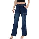 MYT Women’s Wide Leg Cargo Jeans – High Waisted Elasticated Drawstring Denim Pants, Relaxed Fit Stretch Cotton Trousers with Cargo Pockets Mid Stonewash Blue 14 Regular
