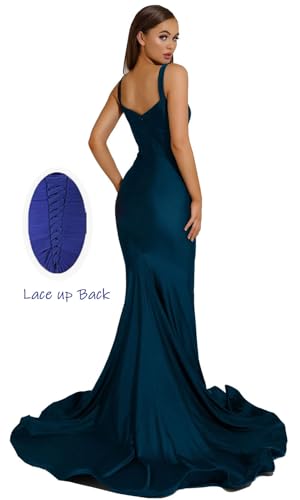 Spaghetti Straps Satin Mermaid Bridesmaid Dresses Long Ruched Bodycon V Neck Prom Evening Party Gown with Slit3