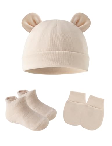 Image of ZURLEFY Cotton Ears Baby Hats Mittens with Socks Set Unisex, No Scratch Mittens and Beanie Cap for Infant Toddler Newborn