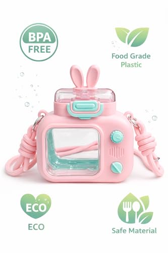 Image of Vasukie Kids Water Bottle 600ml with Straw & Strap | Cute Leak-Proof Sipper Bottle for Boys & Girls | BPA-Free, Portable School Water Bottle | (Camera Bottle)