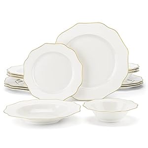 MALACASA Bone China Dinnerware Set, 16 Pieces Cream-White Plates and Bowls Sets with Gold Rim, Serving Plates and Small Bowls for Dessert Salad Soup Pasta Cereal, Scratch Resistant, Series LOTUS