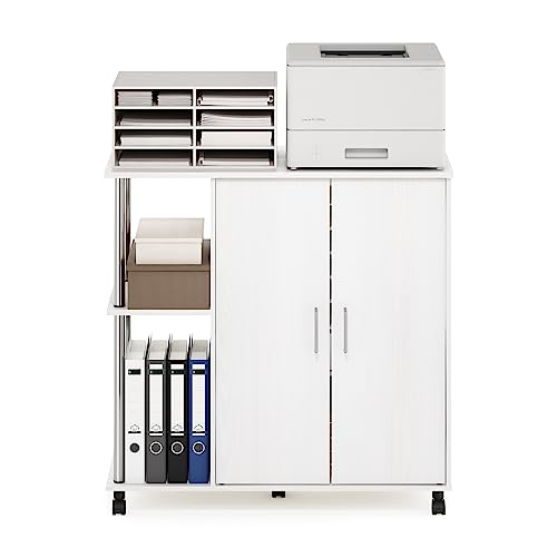 Image of Furinno Helena Multipurpose Printer Stand, Storage Cabinet /Shelves with Lockable Wheels, Stainless Steel Tubes, White Oak /Chrome