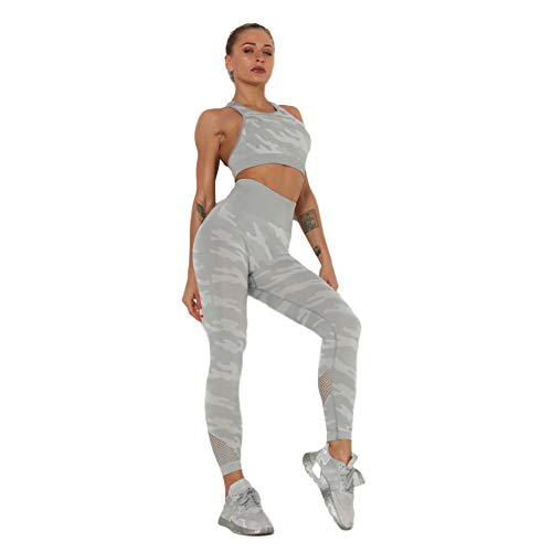 BIGFIRSE Womens Outfits Seamless High Waist Leggings and Sports Bra 2 Piece Set Fitness Workout Gym Yoga Clothing (Medium, Grey)