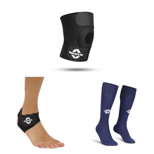 Image of Nivia Basic Knee Patella Support with Velcro (Free Size, Black), Orthopedic Adjustable Ankle Support (Free Size) Plain Encounter Football Stockings (Blue /White) Size-L