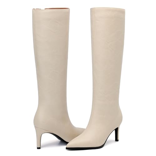 Image of ROSERWISH Women's Knee High Boots Pointed Toe Low Kitten Heel Tall Boots Comfortable Casual Fall Long Boots With Side Zipper
