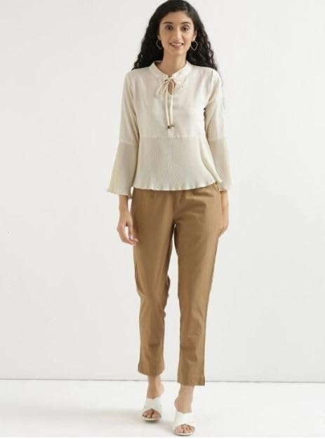 Image of D K W Women's Mid Rise Relaxed Fit Cotton Flex Trousers with Elastic Back & Drawstring - Ideal for Winter, Formal, Office & Casual Wear, Comfortable for Girls and Women