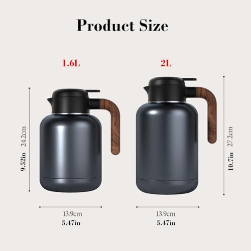 Caraffa termica per caffè, in acciaio inox, isolata in acciaio inox, a prova di perdite, per latte, caffè, tè, bevande calde, nero, 1,6 l