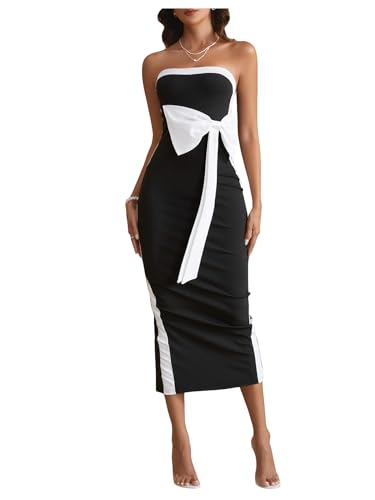 Women's Bow Color Block Maxi Tube Dress Strapless Split Hem Bodycon Cocktail Party Dresses