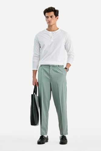 Image of SNITCH Men Trousers Formal Wear | Relaxed Fit Straight Leg Pleated Front & Turned-up Hem Design | Polyester Blend Medium-Stretch Fabric for Office Meetings & Daily Professional Use