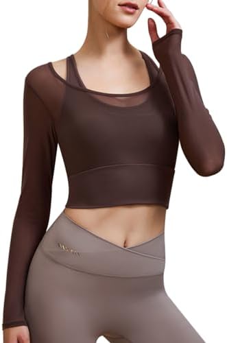 Harssidanzar 2-in-1 yoga lange mouwen voor vrouwen mesh gym atletic