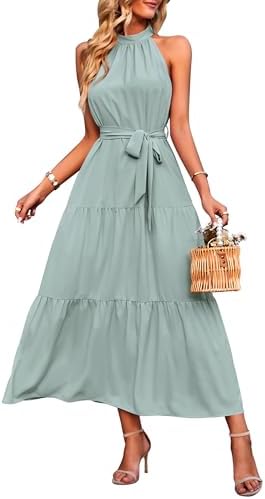 PRETTYGARDEN Women's Summer Floral Maxi Sun Dress Sleeveless Halter Neck Flowy Ruffle Hem Long Boho Dresses with Belt