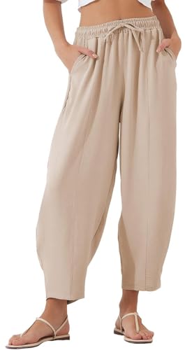 WINKEEY Pantalon Femme Fluide Été Taille Haute Élastique Pantalon Léger Large Chic et Élégant, Beige S