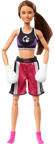 Barbie Made to Move Boneca e Acessórios, boxeadora morena com roupa de remoção e pon, luvas de boxe e 22 pontos de articulação flexíveis, HRG40