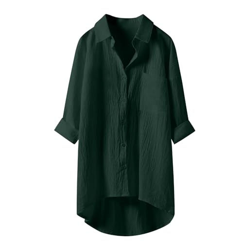 YIzdegg Blusas Túnicas Para Mujer - Blusa Larga Lino Algodón Blusa de Lino con Botones Camisa con Bolsillos en el Pecho Talla Grande Cuello en V Manga Larga Elegante Tops Transpirables Camisa Casual