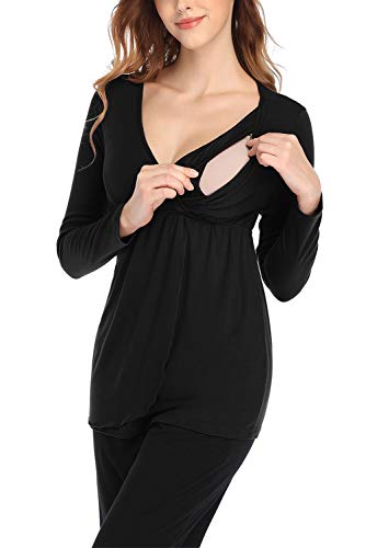 Preisvergleich Produktbild EVELIFE Stillpyjama Damen Stillfunktion Umstandspyjama Set Stillnachthemd Umstands Schlafanzug Baumwolle Zweiteilige Nachtwäsche Hausanzug mit Stillfunktion (Schwarz, Small)