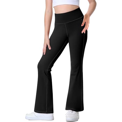 Risipu Girls Flare Leggings Kids High Waisted Trouser Bell Bottom Pants Dance Yoga Athletic Leggings for Kids (Age 5-6, Black)
