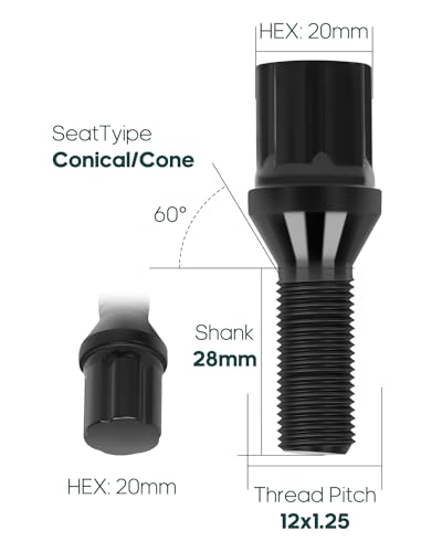 Image of SCITOO 20Pcs Black Wheel Bolt M12x1.25 Shank Length 28mm with 1 Key