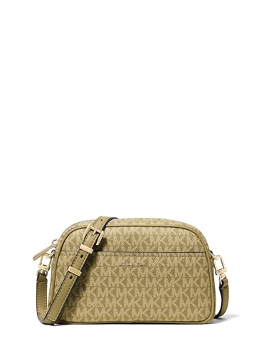 Michael Kors Bolsa transversal pequena para câmera Jet Set, ferragens douradas/Sarja revestida com assinatura Tonal MK/Pistache